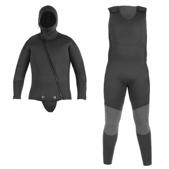 Front view of the beavertail jacket and farmer john wetsuit combo