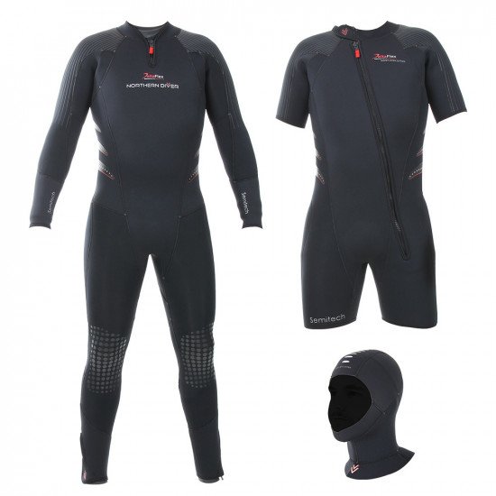 The Delta Flex Semi-Tech Wetsuit includes a long john wetsuit, shortie wetsuit and separate hood