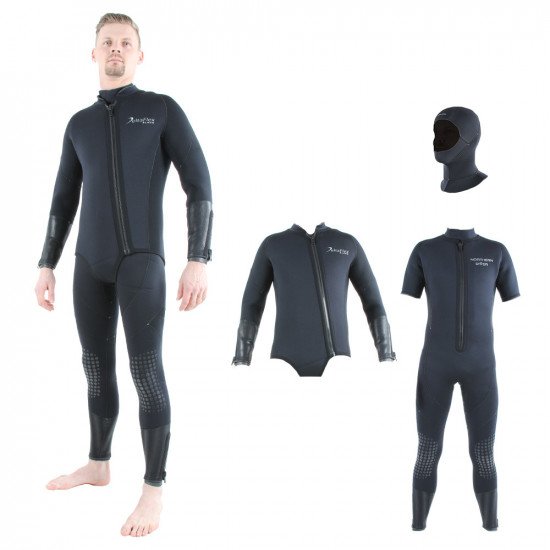 This wetsuit includes a beavertail over jacket, farmer john wetsuit and separate hood. 