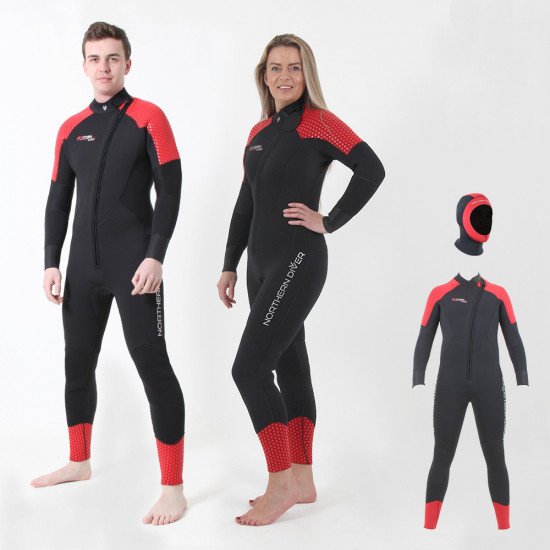 Front view of the 6.0mm and 4.0mm storm neoprene wetsuit with hood included