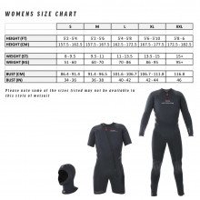 Women's size chart for the Delta Flex Semi-Tech wetsuit