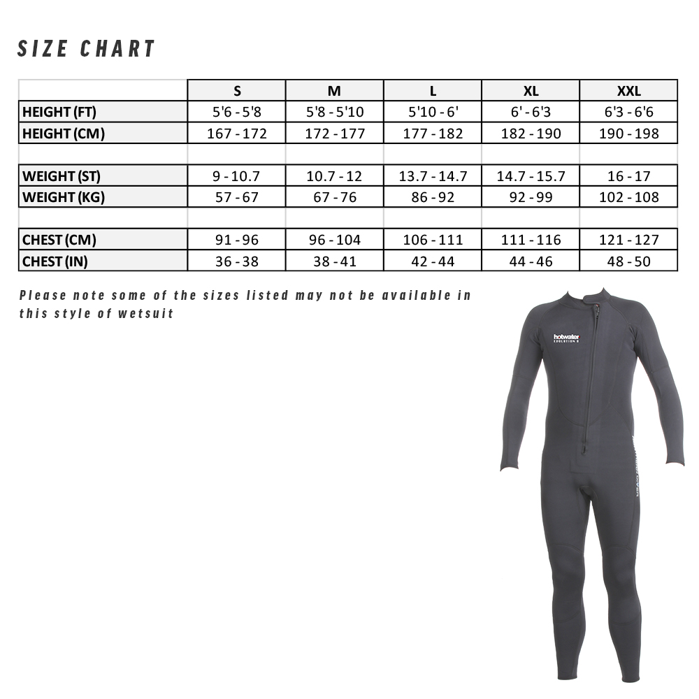 Size chart for the 3mm hotwater dual neoprene suit