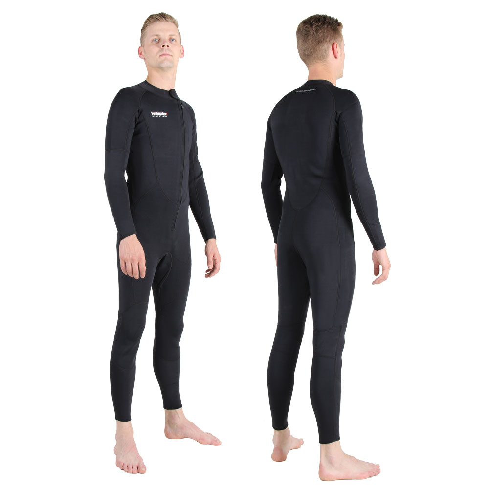 A model shown wearing a 3mm neoprene one piece suit