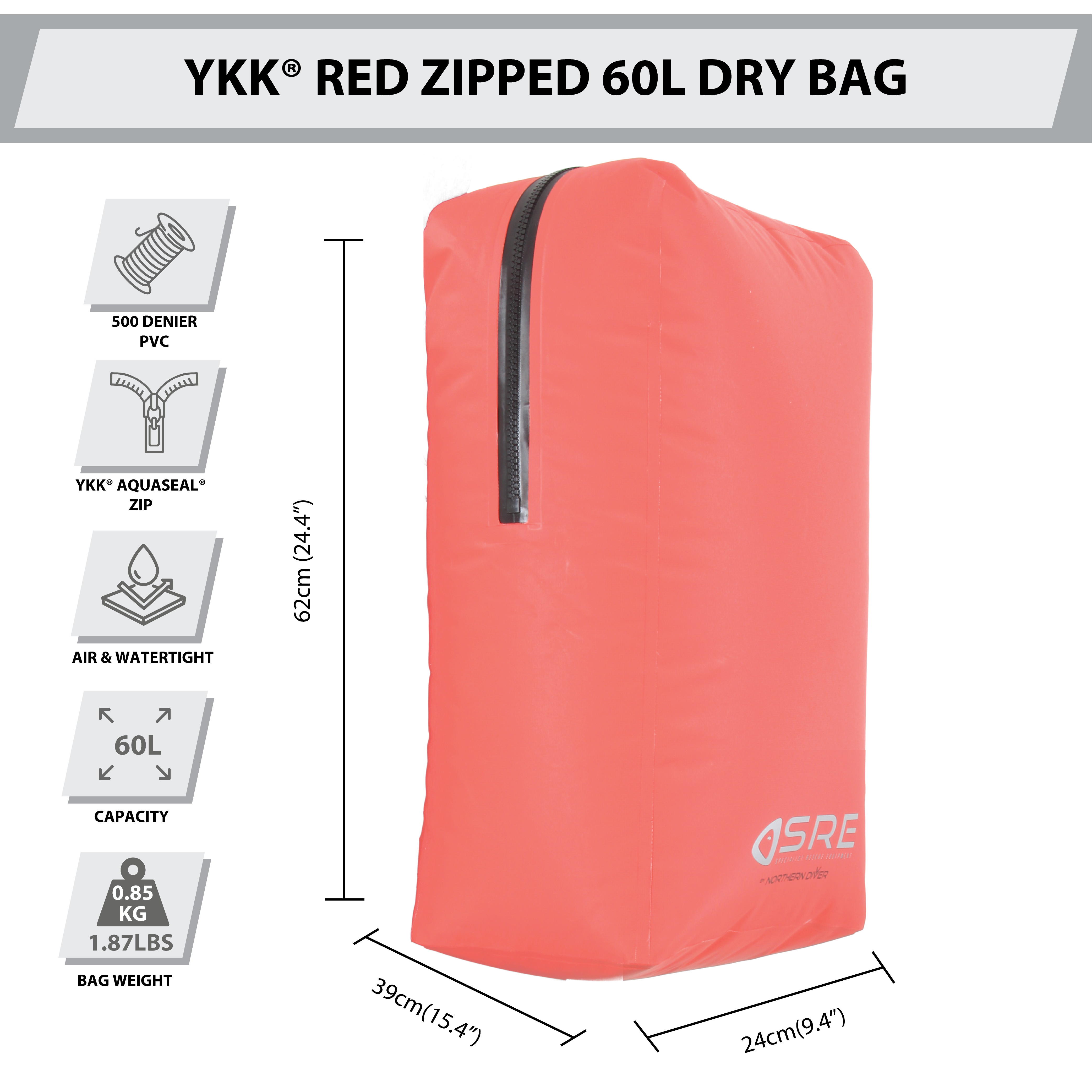 60L Red YKK® Zipped Dry Bag | Dimensions