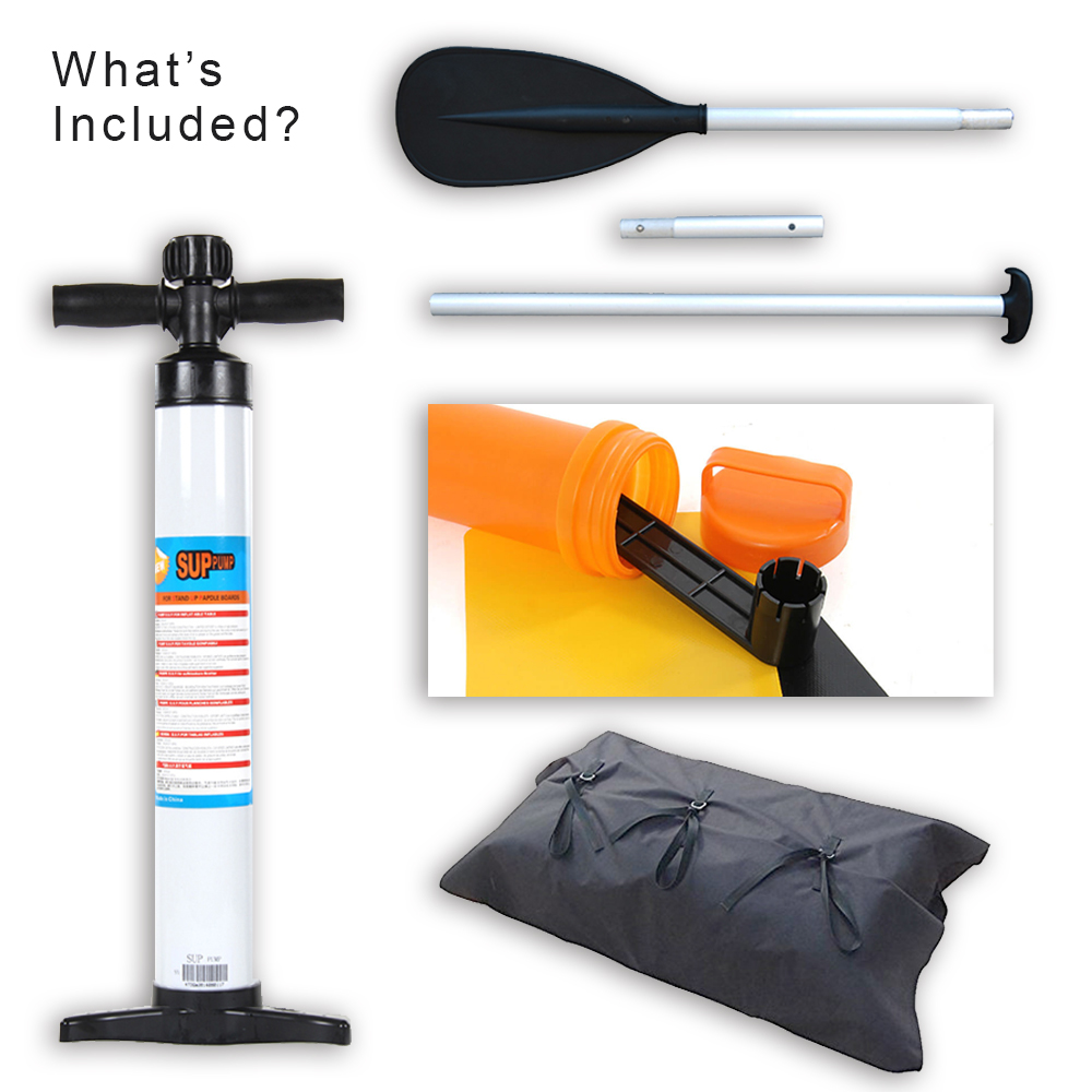 Included with Inflatables: Oar/Paddles (size/configuration may vary depending on model) | Manual Inflation Pump | Carrying Bag | Repair Kit and Tools for Maintenance | Inflation Valve Fitting