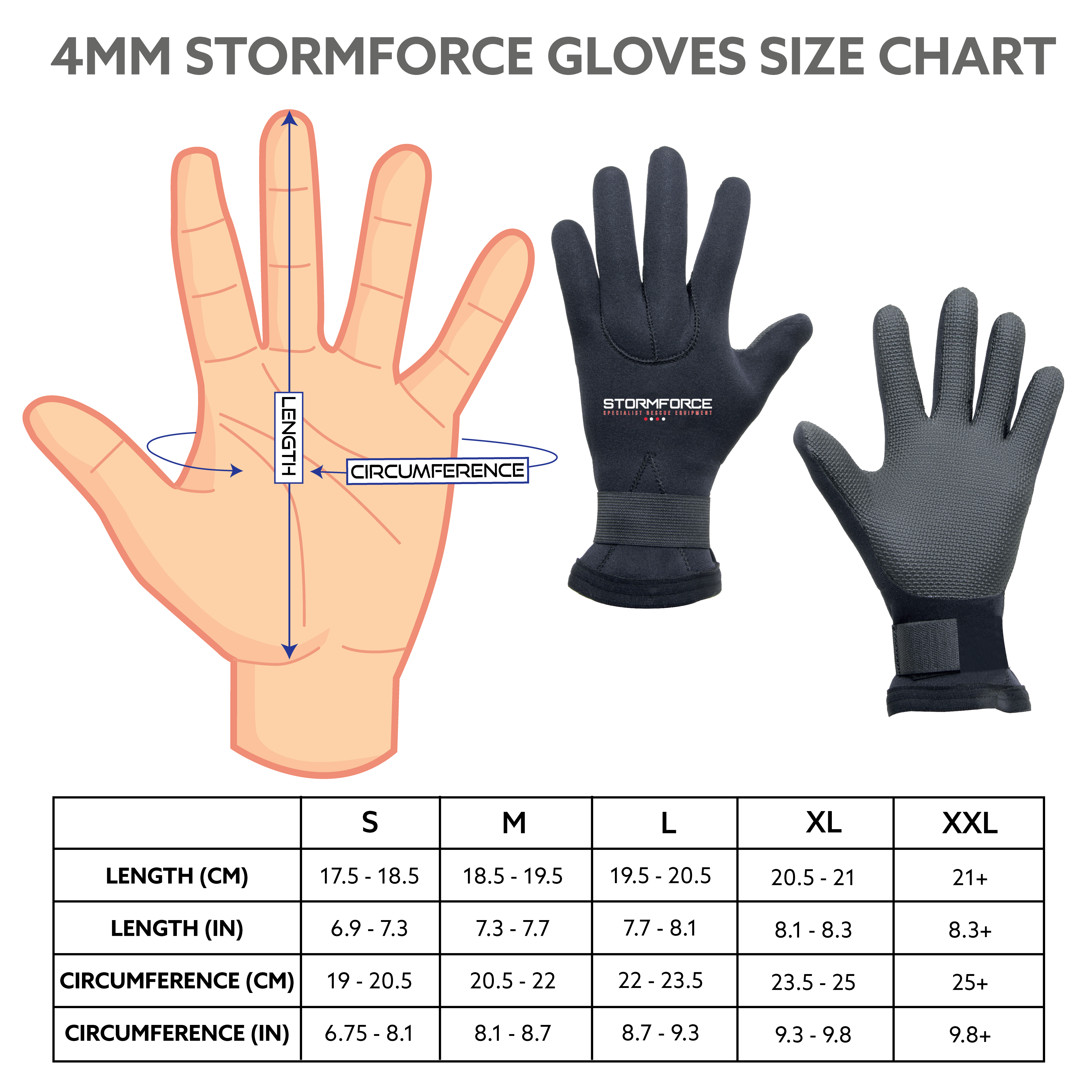 stormforce gloves size chart