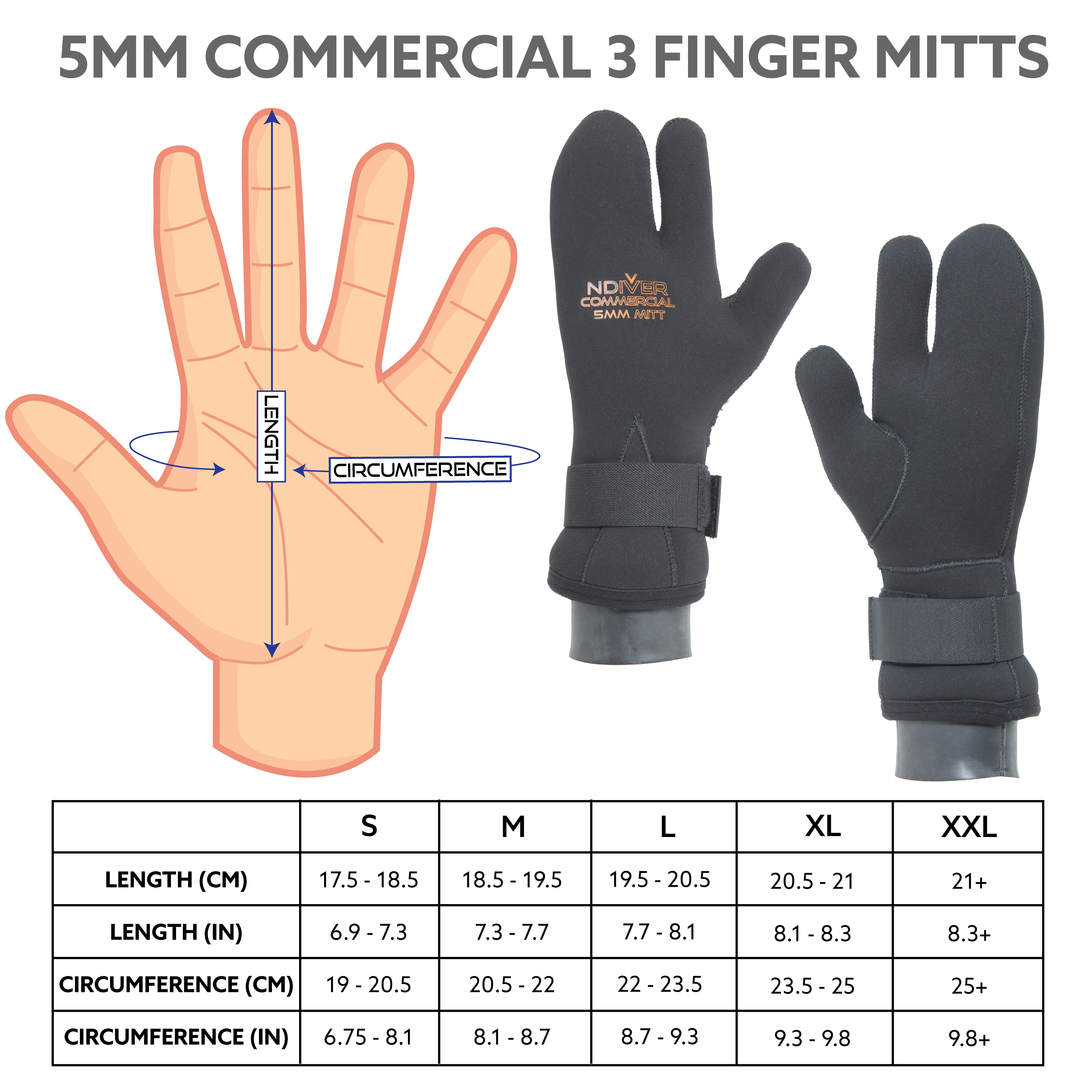 5mm commercial 3 finger mitts size chart