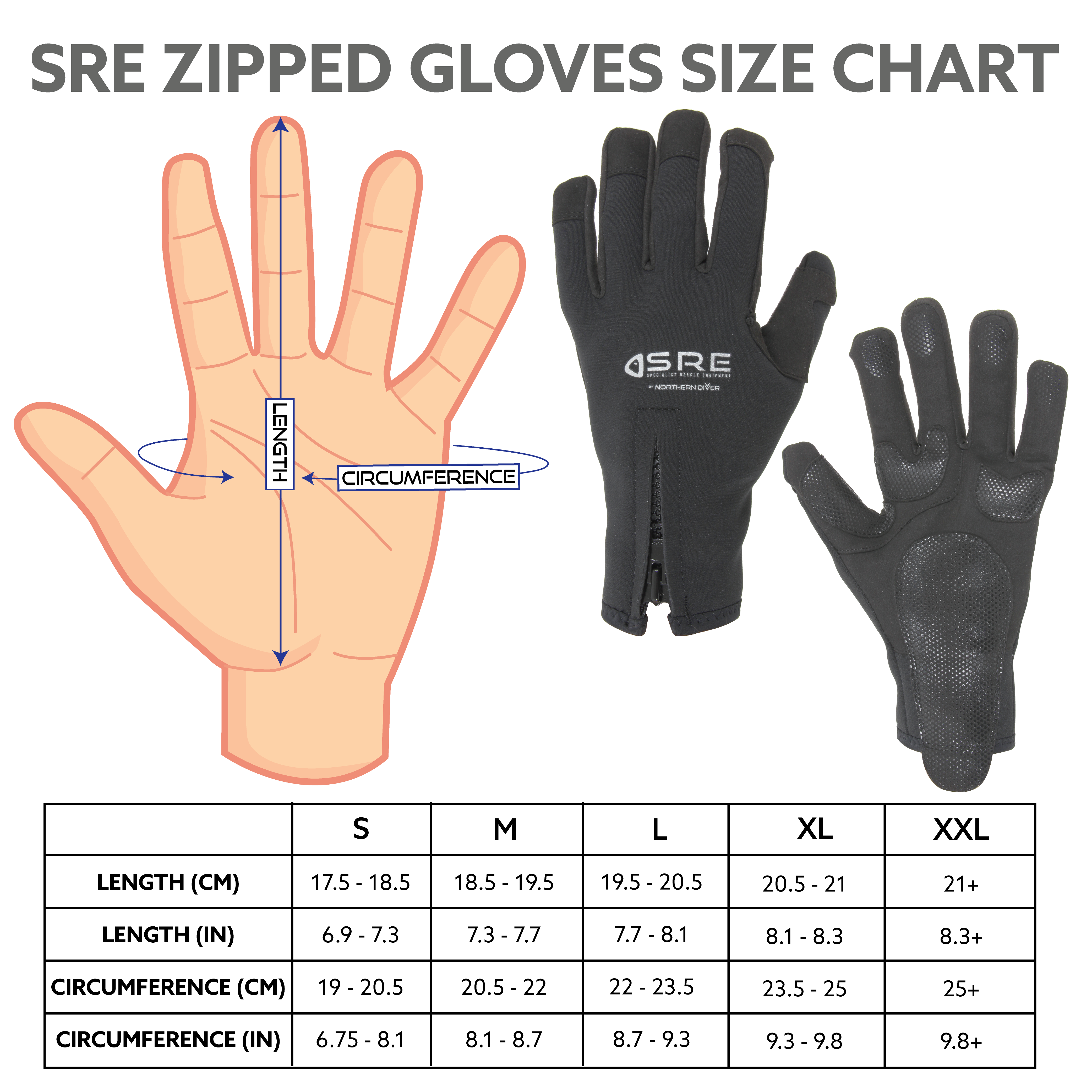 SRE zipped gloves size chart