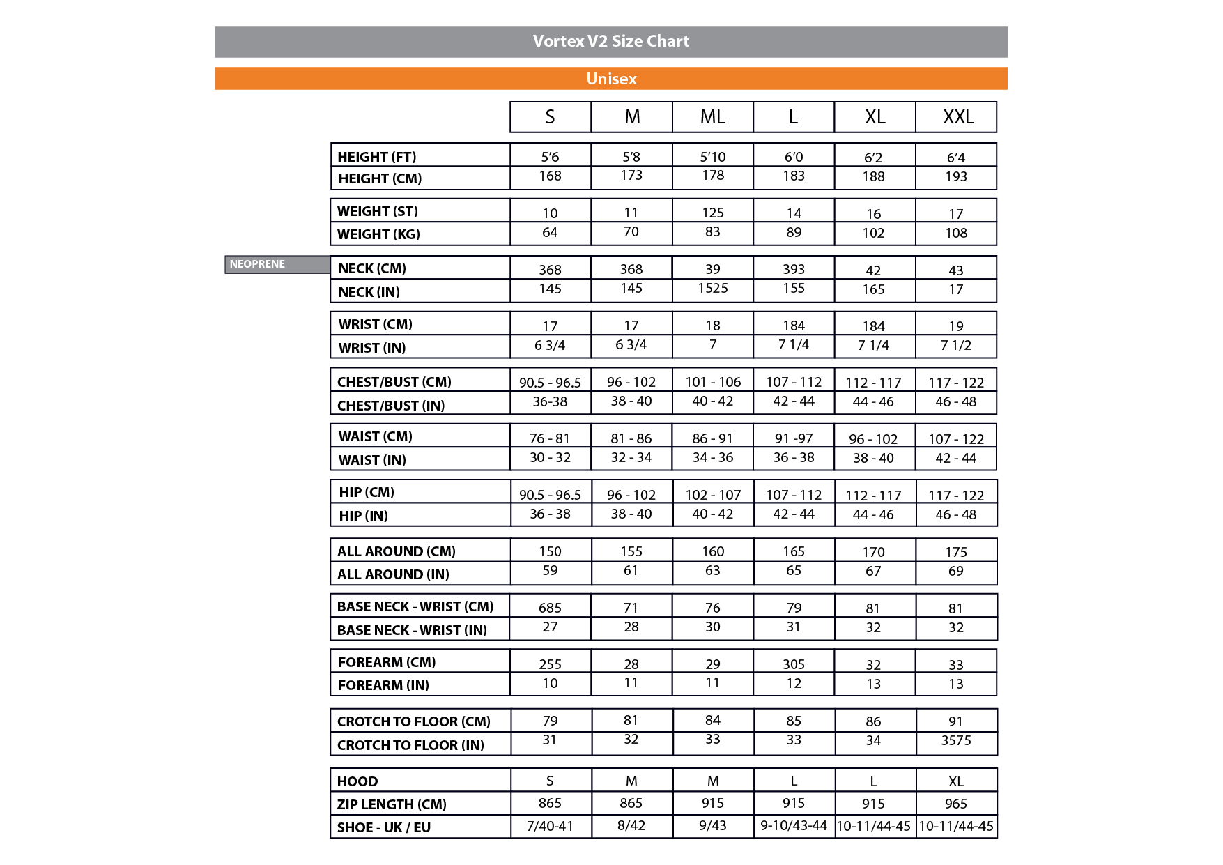 Vortex V2 Size Chart - Unisex
