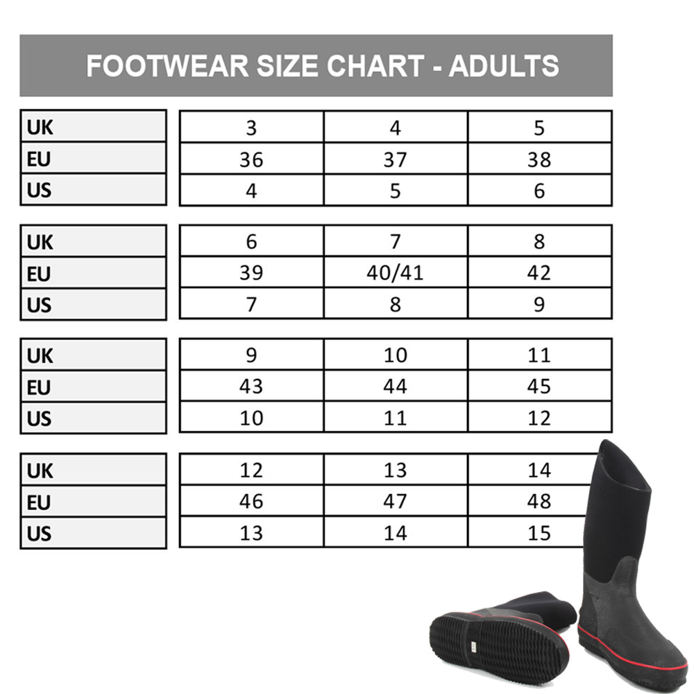 size chart for slimfit drysuit boot