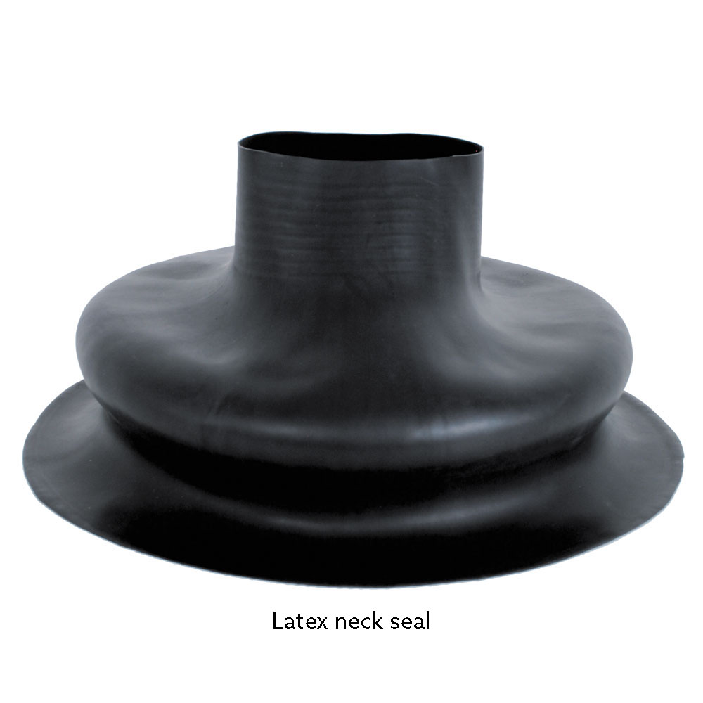 This outlet drysuit has a latex neck seal fitted.