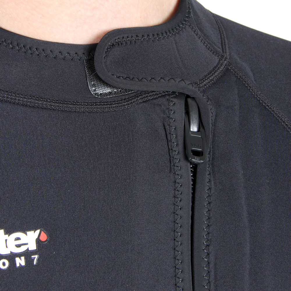The hotwater wetsuit / undersuit has a front entry YKK plastic vertical zip with Velcro tab to secure the zip in place when closed