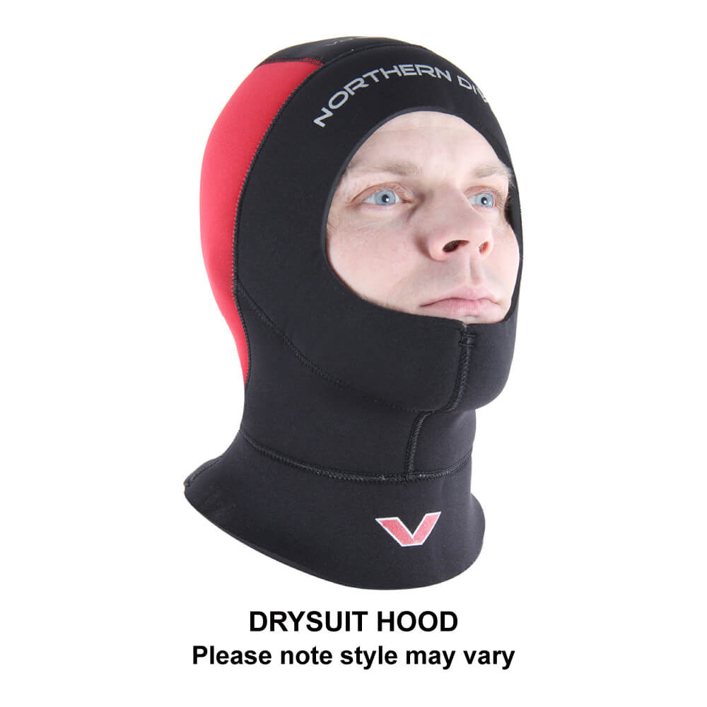 The voyager drysuit is supplied with a neoprene dive hood