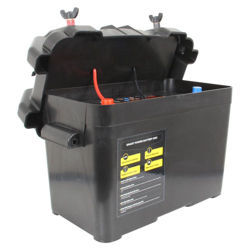 Smart Power Battery Box, shown with lid ajar and battery inside