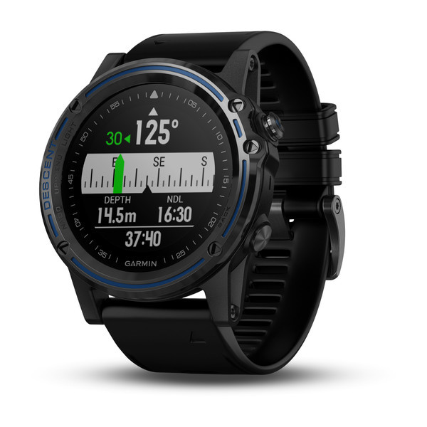 Garmin Descent™ Mk1 Grey Sapphire with Black Band front view, 3-axis compass screen
