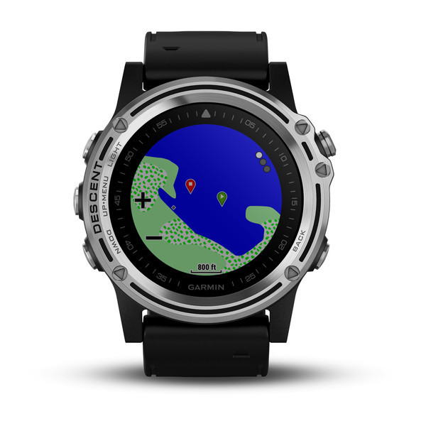 Garmin Descent™ Mk1 Silver Sapphire with Black Band front view, map your dive entry and exit
