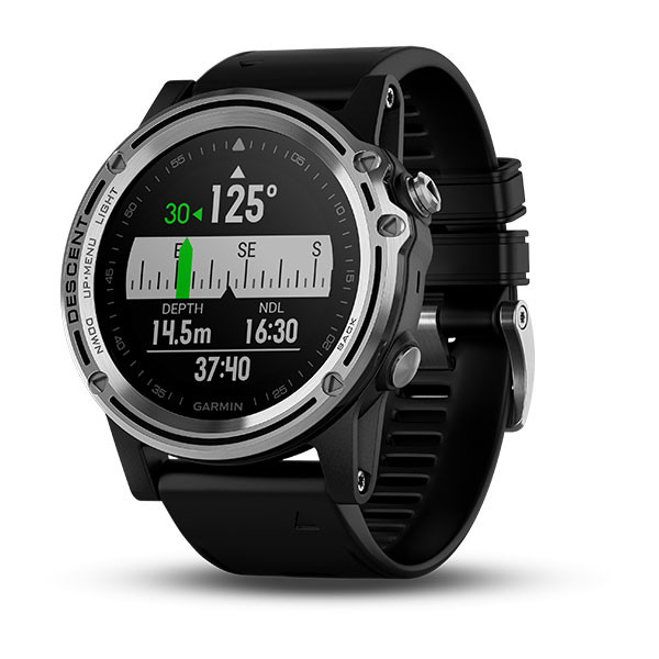Garmin Descent™ Mk1 Silver Sapphire with Black Band front view, 3-axis compass screen