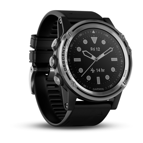 Garmin Descent™ Mk1 Silver Sapphire with Black Band front view, clock face